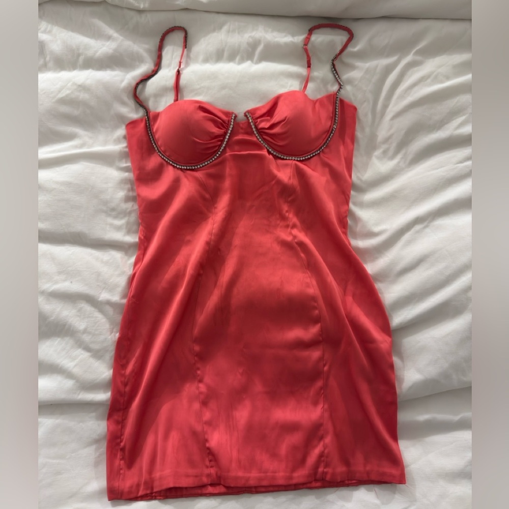 Oh Polly Coral Satin Slip Dress